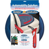 Automobility solution kit with red Handybar and blue swivel seat cushion for easy vehicle access.