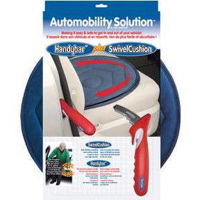 Automobility solution kit with red Handybar and blue swivel seat cushion for easy vehicle access.