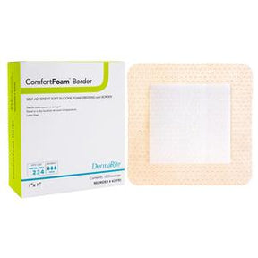 Self-adhesive silicone foam dressing with border packaging and square wound dressing.