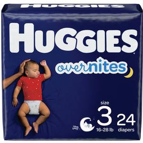 Pack of Huggies Overnites size 3 diapers with sleeping baby on packaging front.