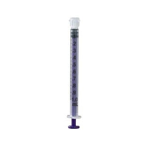 1mL clear medical syringe with purple measurement scale on white background