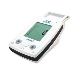 Digital blood pressure monitor with large display screen and control buttons on white background