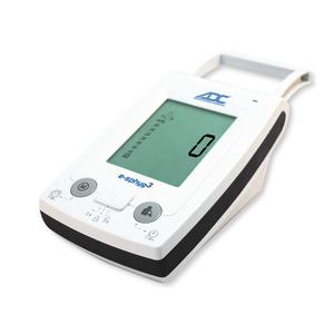 Digital blood pressure monitor with large display screen and control buttons on white background