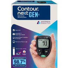 Hand holding Contour Next Gen blood glucose meter with box, diabetes monitoring kit