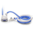 Medical ventilator breathing circuit with blue flexible tubing and connectors on white background