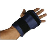 Adult hand wearing adjustable black and blue wrist support brace for injury or pain relief