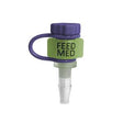 Purple and green medical feeding port cap labeled 'FEED MED' for enteral feeding tubes