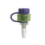 Purple and green medical feeding port cap labeled 'FEED MED' for enteral feeding tubes