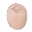 Ostomy pouch for ostomy care, beige one-piece system with transparent opening on white background