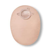 Ostomy pouch for ostomy care, beige one-piece system with transparent opening on white background
