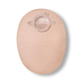 Ostomy pouch for ostomy care, beige one-piece system with transparent opening on white background