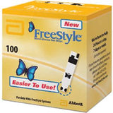 Box of 100 FreeStyle blood glucose test strips for diabetes monitoring, yellow packaging.