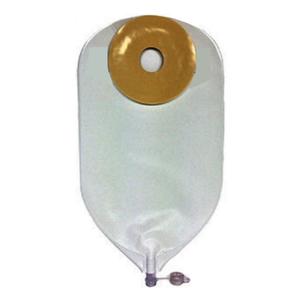 One-piece ostomy bag with adhesive barrier and drainable outlet on white background