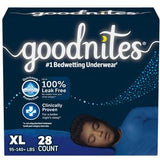 Goodnites XL bedwetting underwear package for kids, 28 count, with sleeping child image.