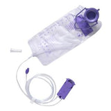 Enteral feeding bag with measuring scale, purple cap, and attached tubing set for medical use