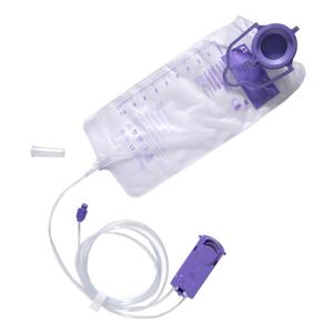Enteral feeding bag with measuring scale, purple cap, and attached tubing set for medical use
