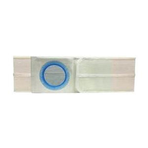 Disposable ostomy bag with blue ring for medical use, white background