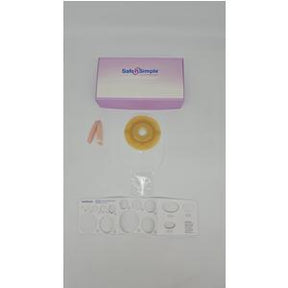 Ostomy care starter kit with barrier ring, measuring guide, and pink clamp on white background
