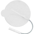 Round adhesive medical electrode pad with attached cable on white background