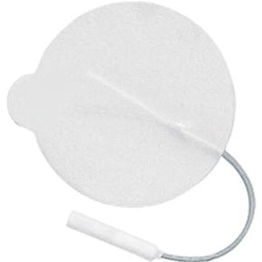 Round adhesive medical electrode pad with attached cable on white background