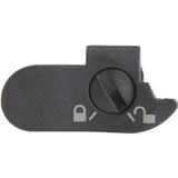 Black plastic medical device lever with lock and unlock symbols, control switch closeup