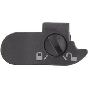 Black plastic medical device lever with lock and unlock symbols, control switch closeup