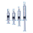 Four clear medical syringes in various sizes with measurement markings, sterile supplies