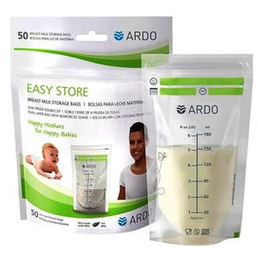 Ardo breast milk storage bags with measurement markings, packaging and filled bag shown