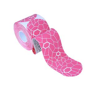 Pink patterned kinesiology tape roll on white background, medical support tape for injuries