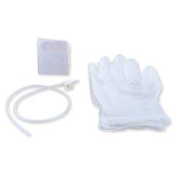 Medical gloves, drainage tube, and absorbent pad kit on white background