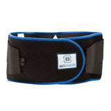 Black and blue medical back support belt with adjustable velcro strap on white background