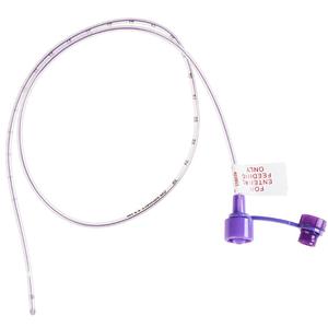 Purple medical feeding tube with connector and measurement markings on a white background