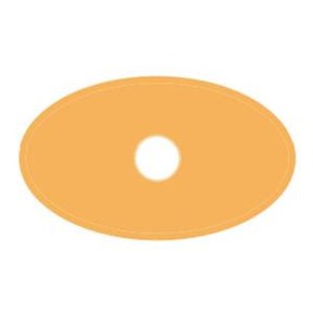 Oval hydrocolloid ostomy barrier with central hole on white background
