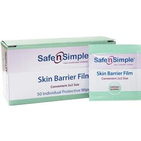Safe n Simple Skin Barrier Film box and individual protective wipe for medical skin care