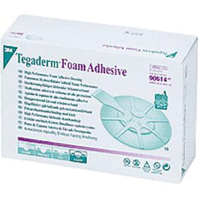 Box of 3M Tegaderm Foam Adhesive medical wound dressing with product details visible.