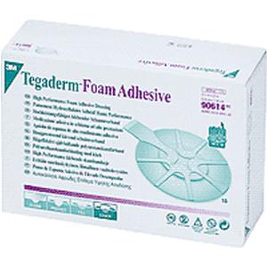 Box of 3M Tegaderm Foam Adhesive medical wound dressing with product details visible.