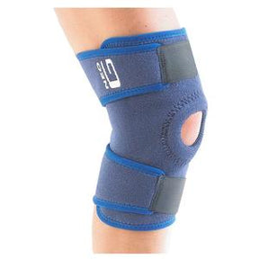 Neoprene knee brace with open patella, adjustable straps, worn on leg for joint support