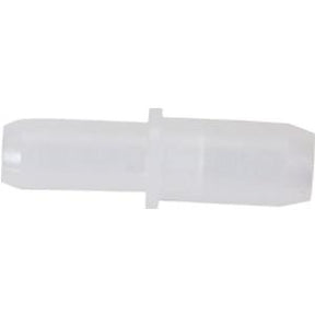 Clear plastic medical tubing connector on white background