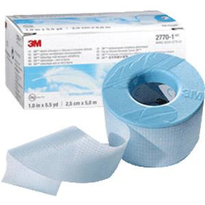 Medical adhesive tape roll with dispenser and packaging, used for wound care and dressing