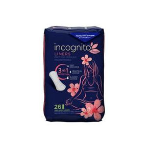 Incognito Liners package, 26 panty liners, feminine hygiene, 3-in-1 protection, floral design