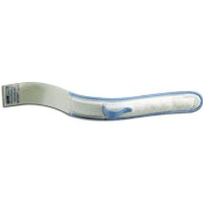 Adaptive curved utensil with soft blue grip for individuals with limited hand mobility