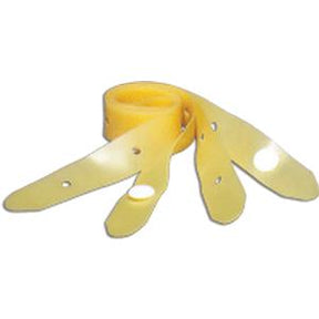 Yellow rolled medical tourniquet strap with pre-cut holes, laid out on white background.