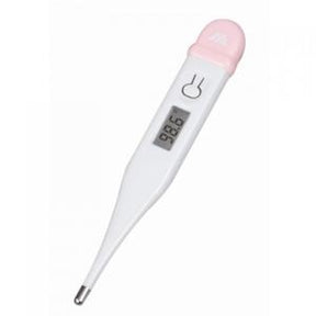 Digital thermometer with pink cap displaying 98.6 on LCD screen for home health monitoring