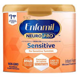 Enfamil NeuroPro Sensitive infant formula container for sensitive tummies, non-GMO, easy to digest.