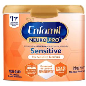 Enfamil NeuroPro Sensitive infant formula container for sensitive tummies, non-GMO, easy to digest.