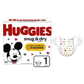 Box of Huggies Snug & Dry diapers size 1 featuring Mickey Mouse design and single diaper displayed
