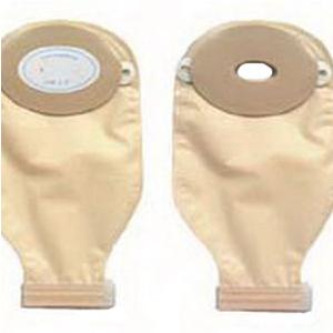 Two beige ostomy bags with circular adhesive flanges for medical use