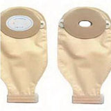 Two beige medical ostomy bags with adhesive barriers and closures, front and back views