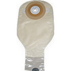 Ostomy pouch with adhesive barrier for medical stoma care, beige color, close-up view