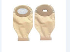 Two beige ostomy pouches for medical use, shown front and back against a white background.